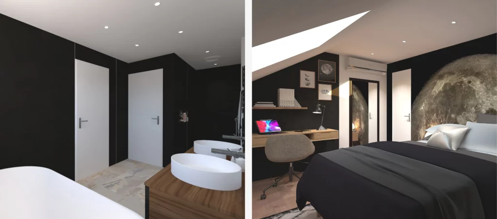 Exemple de pièces avec des murs sombre, noir. Une salle de bain et une chambre